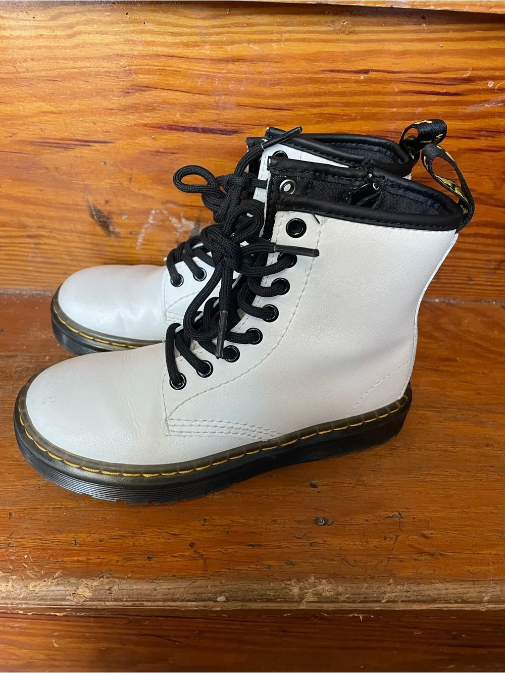 Dr. Martens White Leather Lace-Up Boots with Black Trim & Side Zip , Kids 11